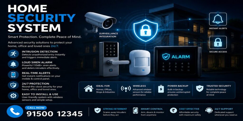 Alarm security system installation in Chennai featuring smart home intrusion alarm panel, motion sensors, siren, mobile alerts, and 24/7 protection.