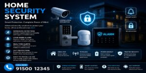 Alarm security system installation in Chennai featuring smart home intrusion alarm panel, motion sensors, siren, mobile alerts, and 24/7 protection.