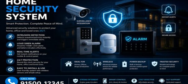 Alarm security system installation in Chennai featuring smart home intrusion alarm panel, motion sensors, siren, mobile alerts, and 24/7 protection.