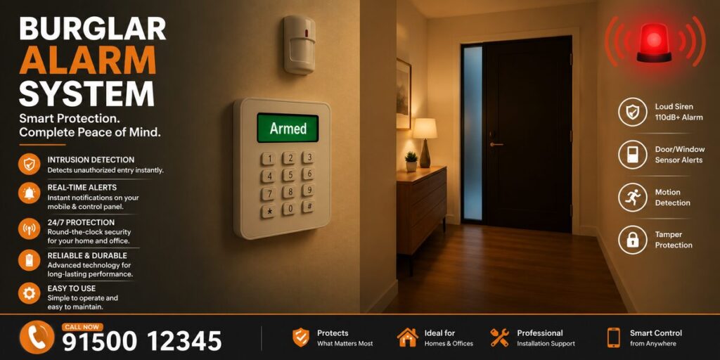 Burglar alarm system protecting home and business property