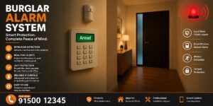 Burglar alarm system protecting home and business property
