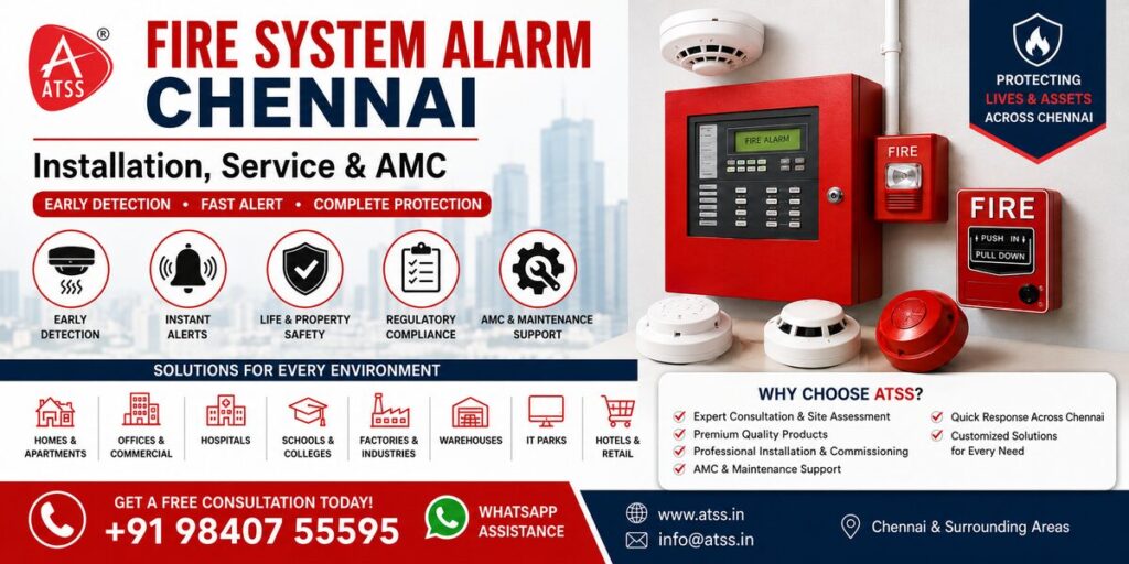Fire Alarm System Chennai installation and maintenance services by ATSS with fire alarm control panel, smoke detector, and fire safety solutions
